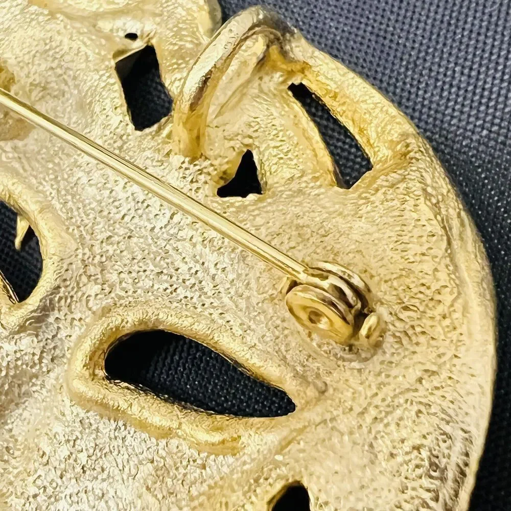 Vintage Lady Face Mask Gold Brooch Necklace Pendant Pin Art Deco Rhinestone 4089